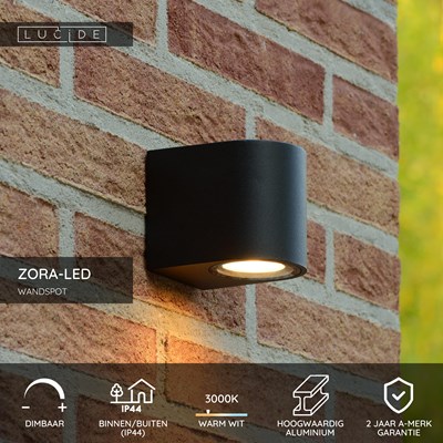 Lucide ZORA-LED - Wandspot / Wandlamp Binnen/Buiten - LED Dimb. - GU10 - 1x5W 3000K - IP44 - Zwart